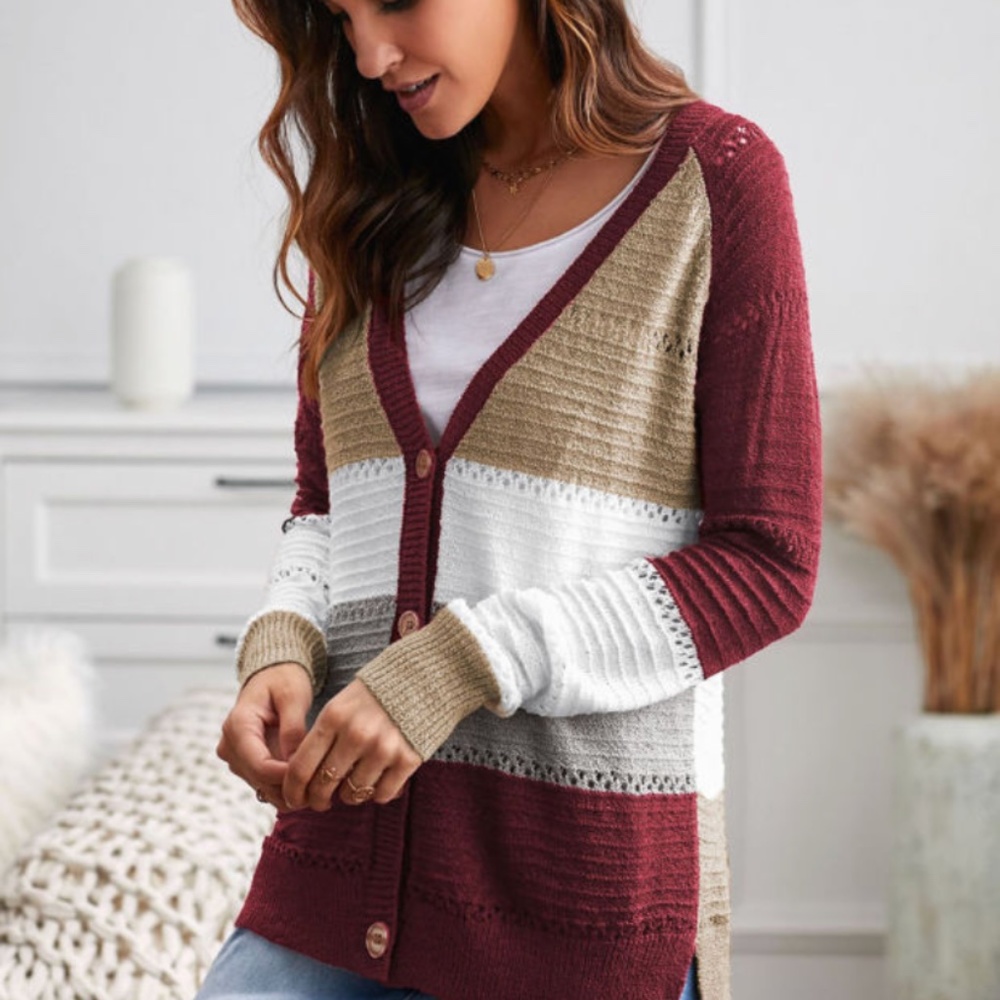 V-Neck Color Block Button Closure Eyelet Cardigan - image 5